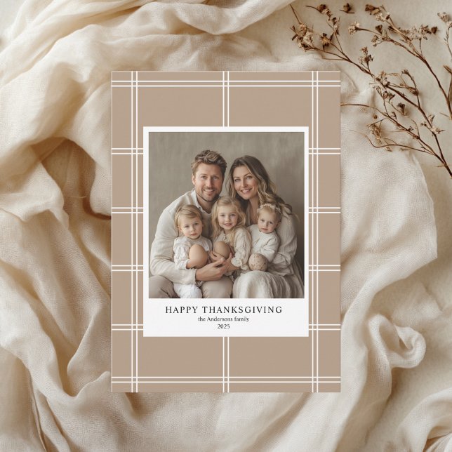 Elegant Beige Plaid Thanksgiving Family Photo Invitation (Creator Uploaded)