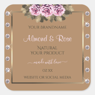 Elegant Beige Product Labels Pink Roses Diamonds