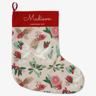Elegant Beige & Red Birds Doves floral pattern Large Christmas Stocking