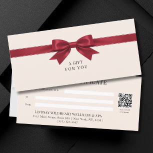 Elegant Beige Red Bow QR Code Gift Certificate