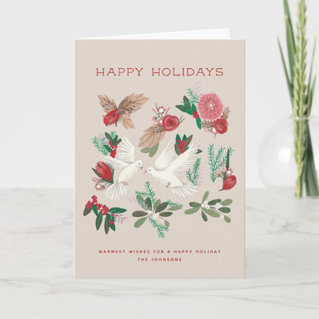 Elegant Beige & Red Dove Birds Floral Holiday Card (Front)