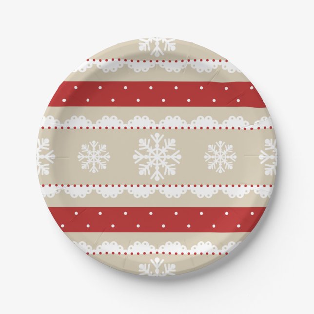 Elegant Beige Red White Christmas Snowflake Design Paper Plate (Front)