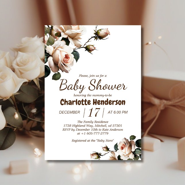 Elegant Beige Rose Girl Baby Shower Invitation (Gentle Girl Baby Shower Invite!)