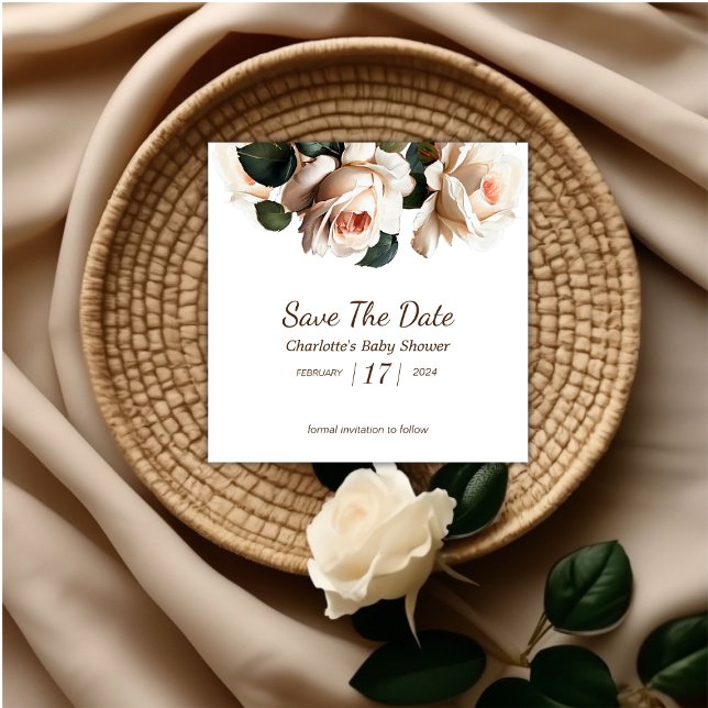 Elegant Beige Rose Girl Baby Shower Save The Date (Rose Girl Baby Shower Save The Date)