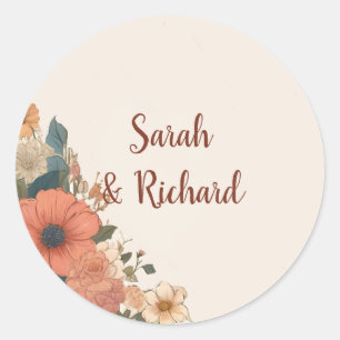 Elegant Beige Round Floral Wedding Envelope Sealer Classic Round Sticker
