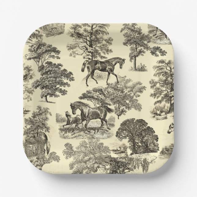Elegant Beige Rustic Horses Toile Paper Plate (Front)
