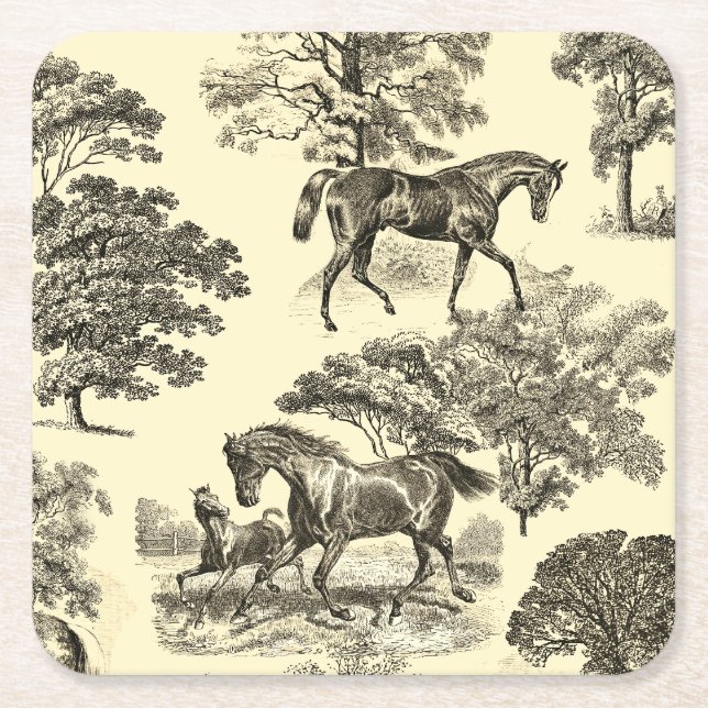 Elegant Beige Rustic Horses Toile Square Paper Coaster (Front)