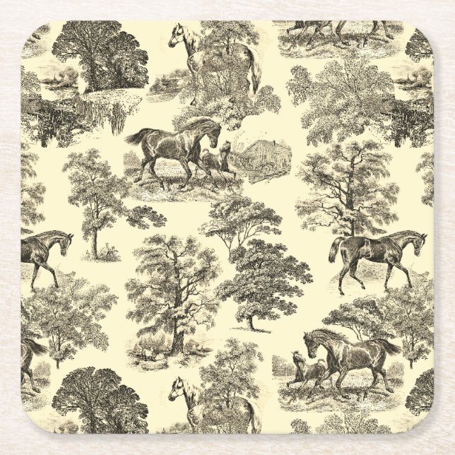Elegant Beige Rustic Horses Toile Square Paper Coaster (Front)