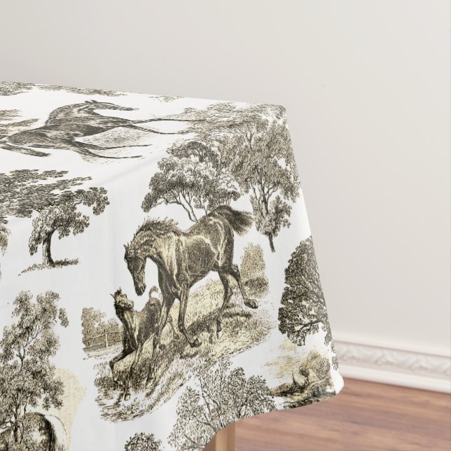 Elegant Beige Rustic Horses Toile Tablecloth (In Situ)
