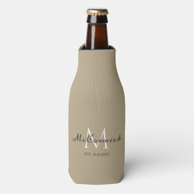 Elegant Beige Script Name Newlyweds Name Wedding Bottle Cooler (Bottle Front)