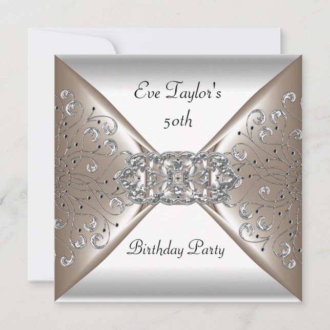 Elegant Beige Silver White 50th Birthday Party Invitation (Front)