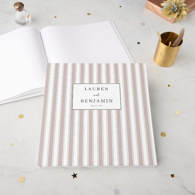 Elegant Beige Stripes with Gold Confetti Guest Book (Front Open)