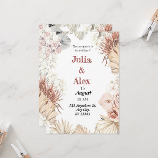 Elegant Beige Tropical Watercolor Boho Bouquet Wed Invitation