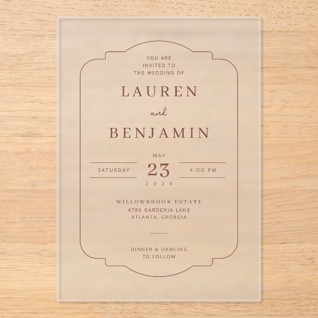 Elegant Beige Vintage Label Acrylic Invitations (Front)