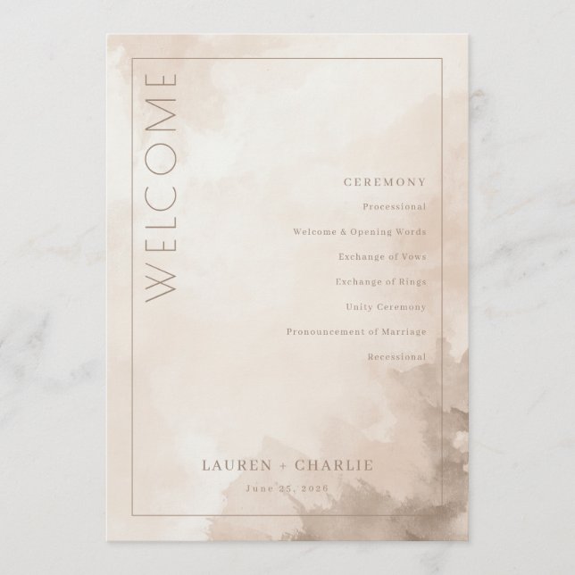 Elegant Beige Watercolor Ceremony Schedule Programme (Front)