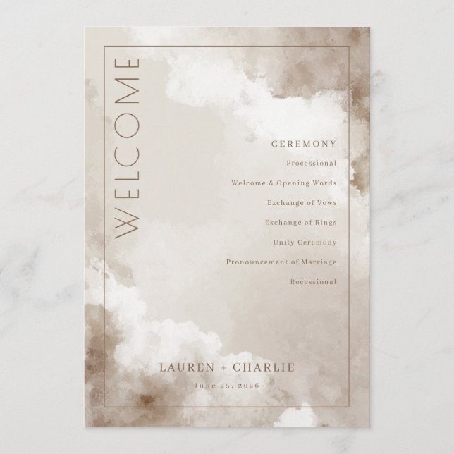 Elegant Beige Watercolor Wedding Ceremony Schedule Programme (Front)