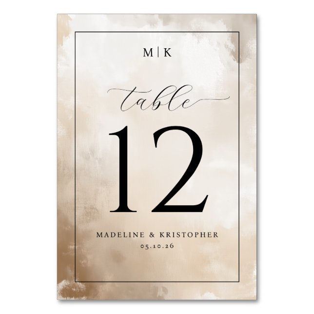 Elegant Beige Watercolor Wedding Table Card (Front)