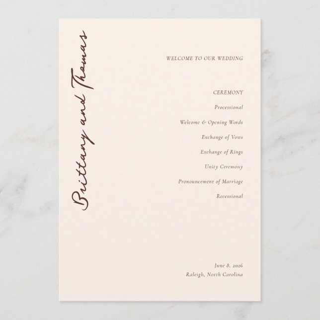 Elegant Beige Wedding Ceremony Program Programme (Front)
