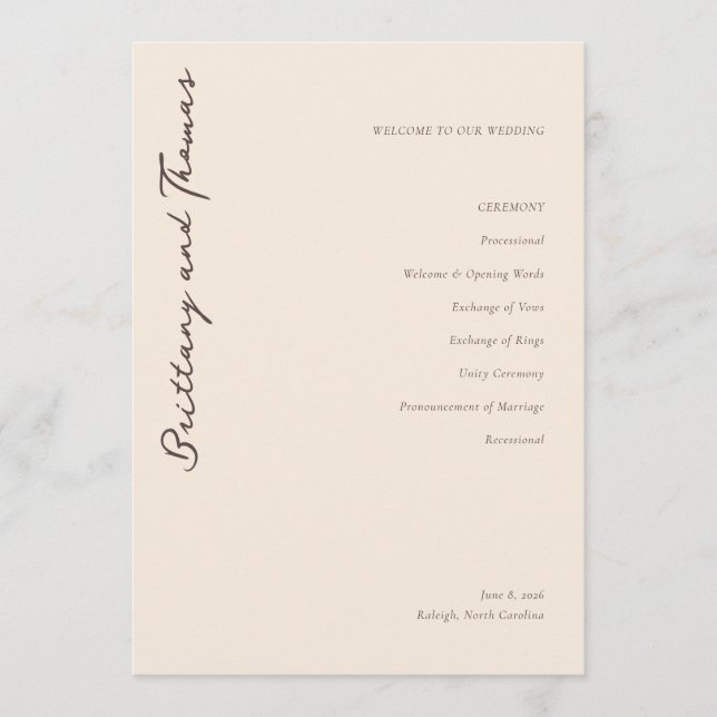 Elegant Beige Wedding Ceremony Schedule Programme (Front)