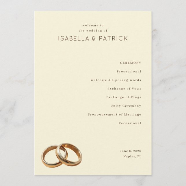 Elegant Beige Wedding Rings Programme (Front)