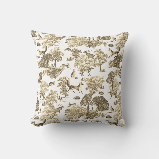 Elegant Beige White Fox Rabbit Woodland Toile  Cushion (Front)