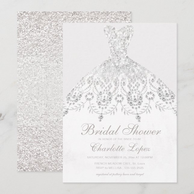 Elegant Beige White Glitter Dress Bridal Shower Invitation (Front/Back)