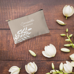 Elegant Beige White Leaves Bridal Shower Accessory Pouch