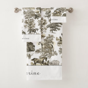 Elegant Beige White Rustic Horses Toile Name Bath Towel Set