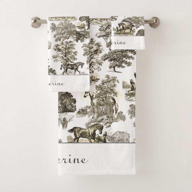 Elegant Beige White Rustic Horses Toile Name Bath Towel Set (Insitu)