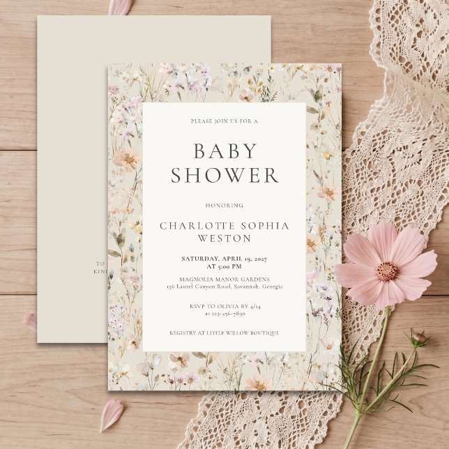 Elegant Beige Wildflower QR Code Baby Shower  Invitation (Creator Uploaded)