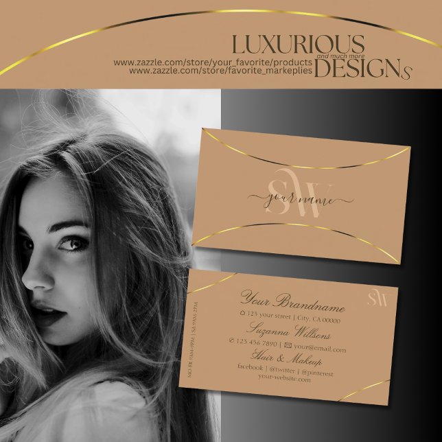 Elegant Beige with Gold Decor and Monogram Simple Business Card (Creator Uploaded)