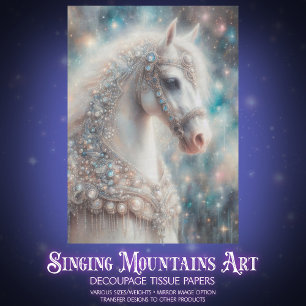 Elegant Bejeweled Fancy White Horse Decoupage Tissue Paper