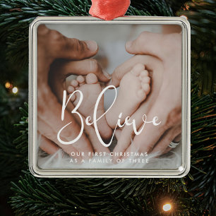 Elegant Believe First Christmas as a family of 3 Metal Tree Decoration