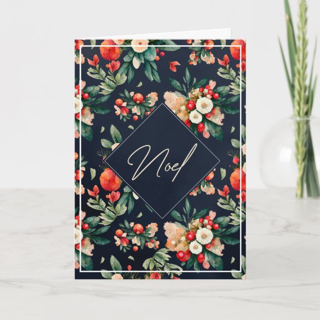 Elegant Berries and Flowers on Navy Christmas Card (Front)