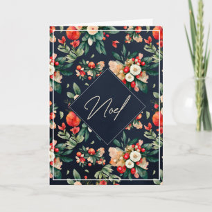 Elegant Berries and Flowers on Navy Christmas Card