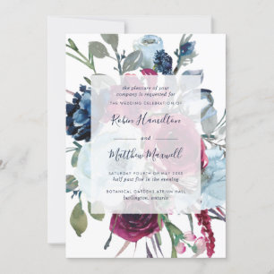 Elegant Berry and Blue Watercolor Floral Wedding Invitation