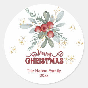 Elegant Berry and Greenery, Red Merry Christmas Classic Round Sticker
