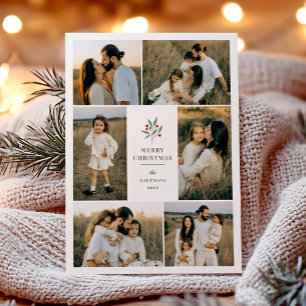 Elegant Berry Botanical Christmas 6 Photo Collage Holiday Card