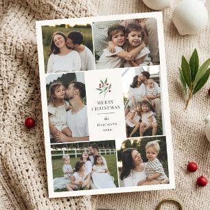 Elegant Berry Botanical Christmas 6 Photo Collage Holiday Card