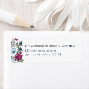 Elegant Berry Burgundy and Blue Floral Address Lab