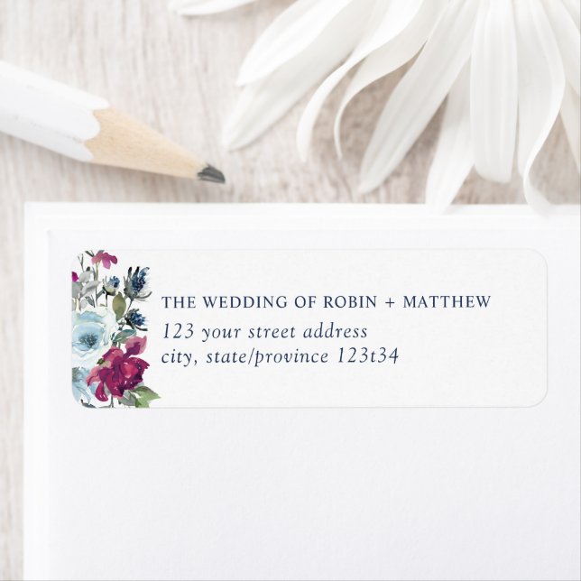 Elegant Berry Burgundy and Blue Floral Address Lab (Insitu)