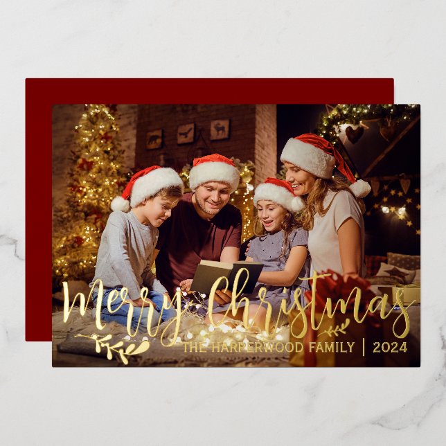 Elegant Berry Leaves Christmas Family One Photo Foil Holiday Card (Front/Back)