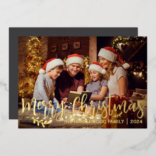 Elegant Berry Leaves Christmas Family One Photo Foil Holiday Card