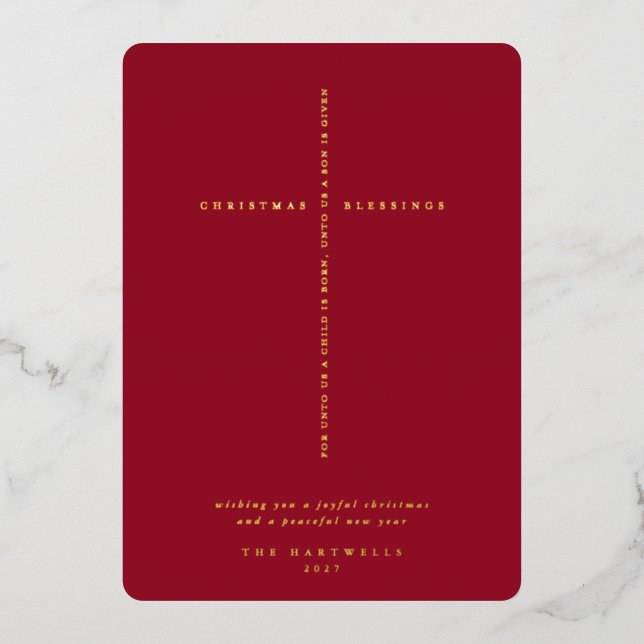 Elegant Berry Red Scripture Cross Foil Holiday Card (Front)