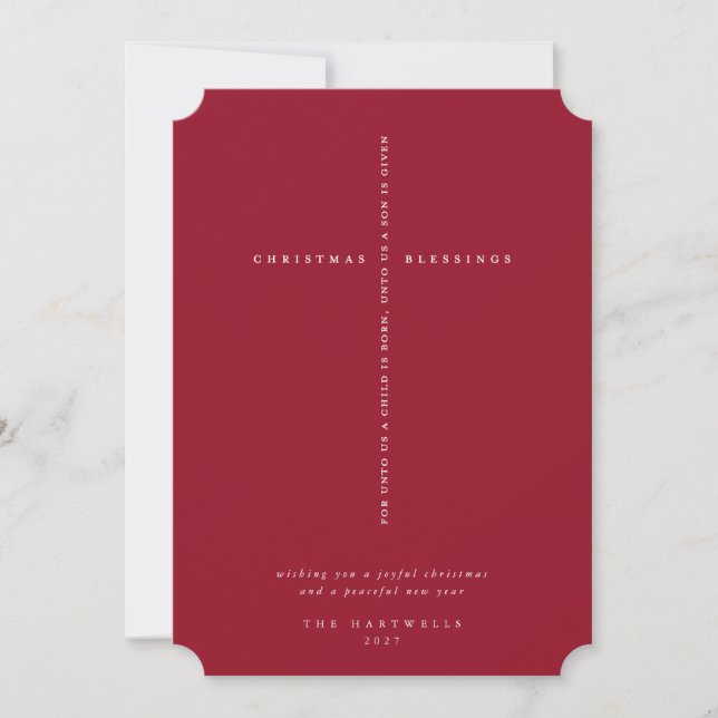 Elegant Berry Red Scripture Cross  Holiday Card (Front)