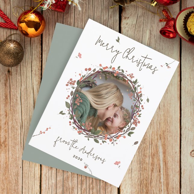 Elegant Berry Wreath Photo Christmas Holiday Card (Creator Uploaded)