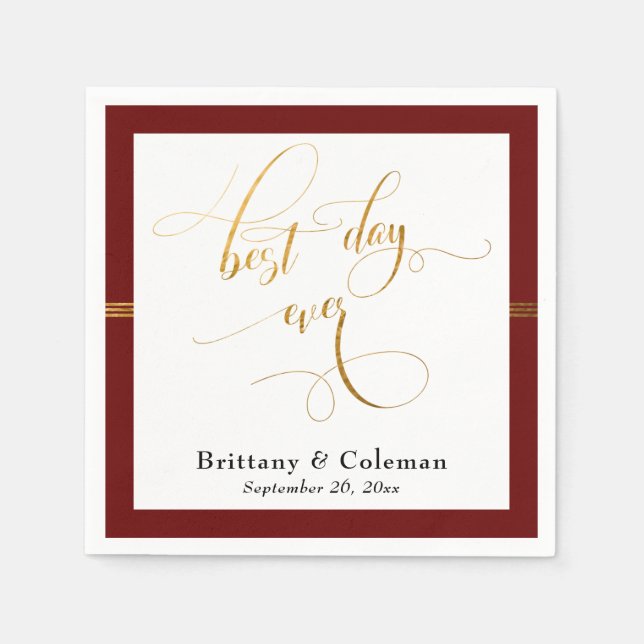 Elegant Best Day Ever Burgundy Red & Gold Stripe Napkin (Front)