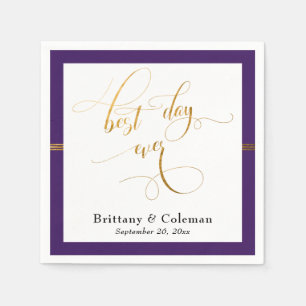 Elegant Best Day Ever Deep Purple & Gold Stripe Napkin