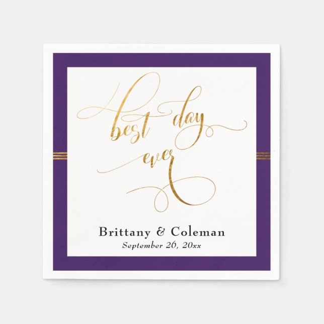 Elegant Best Day Ever Deep Purple & Gold Stripe Napkin (Front)