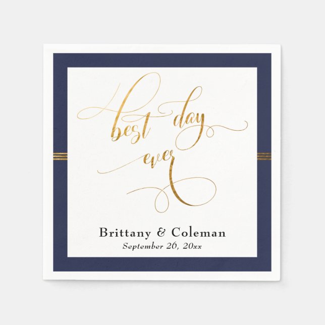 Elegant Best Day Ever Navy Blue & Gold Stripe Napkin (Front)